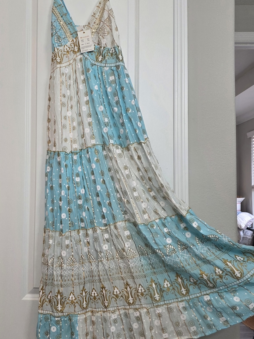 Turquoise and White Boho Tiered Maxi Dress with Gold Accents